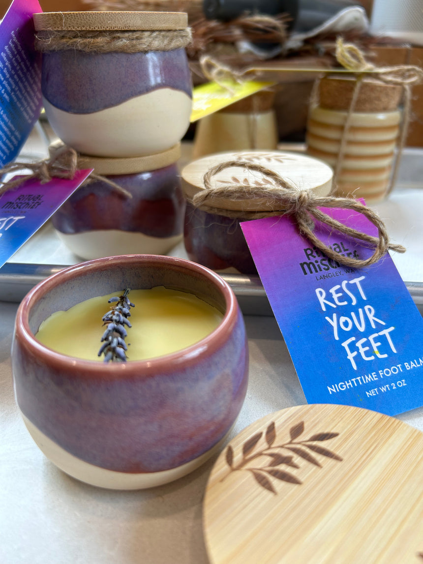Rest Your Feet nighttime foot balm in handmade ceramic jar