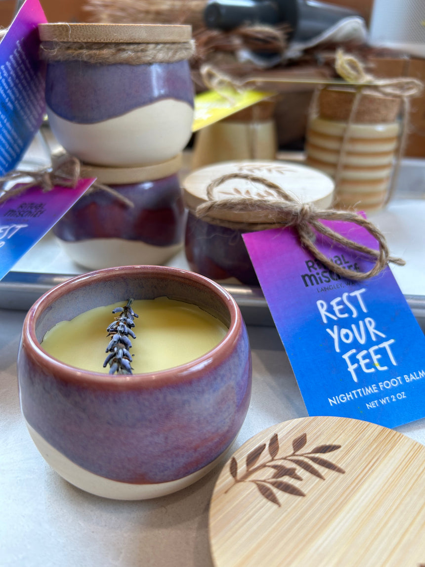 Rest Your Feet nighttime foot balm in handmade ceramic jar